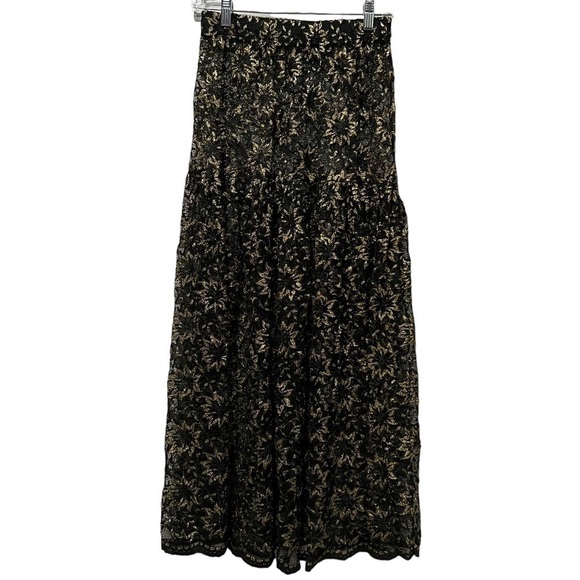 Fini Lignarolo Bijoux T Size 6 VTG Sheer Floral Cotton Black Gold Midi Skirt B - Picture 1 of 6